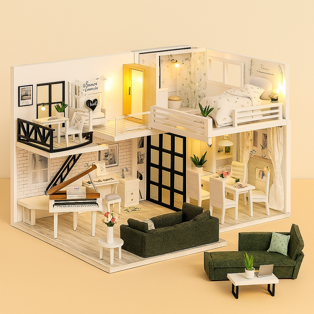 Miniatuur Poppenhuis met Meubels – DIY Houten Kerstcadeau Set