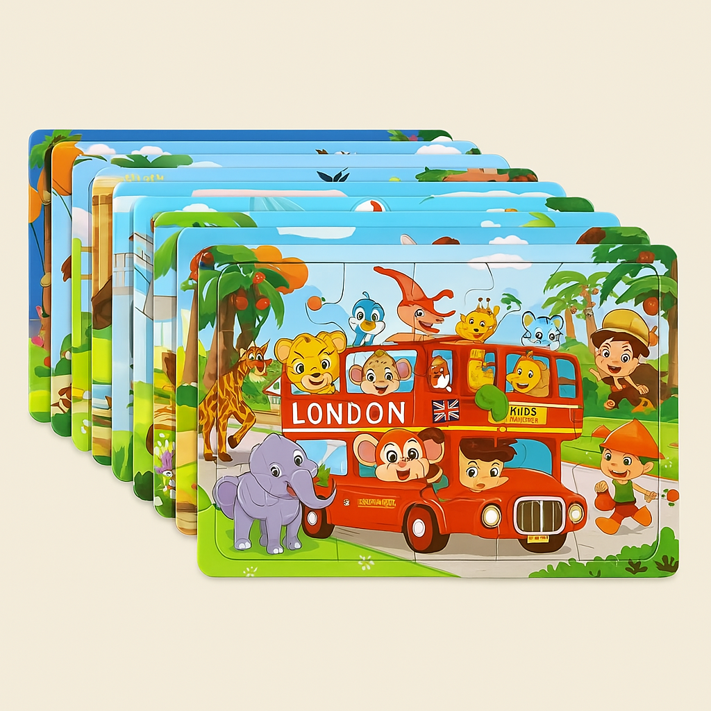Houten Puzzel 30 Stuks – Dieren & Verkeer Cartoon (3-6 jaar)