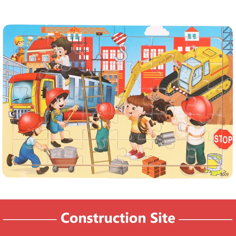 Houten Puzzel 30 Stuks – Dieren & Verkeer Cartoon (3-6 jaar)