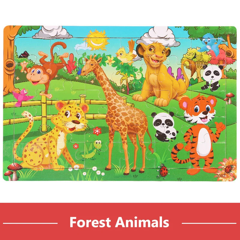Houten Puzzel 30 Stuks – Dieren & Verkeer Cartoon (3-6 jaar)