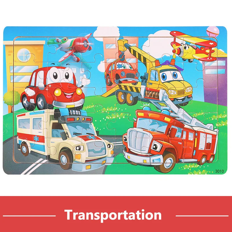 Houten Puzzel 30 Stuks – Dieren & Verkeer Cartoon (3-6 jaar)