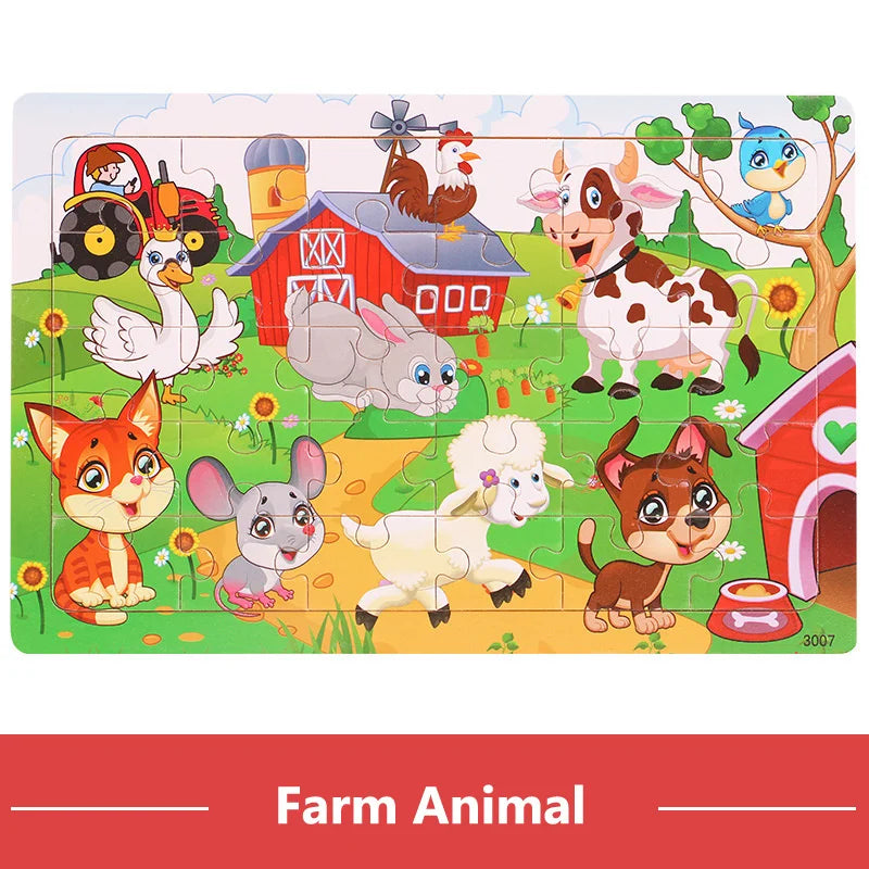 Houten Puzzel 30 Stuks – Dieren & Verkeer Cartoon (3-6 jaar)