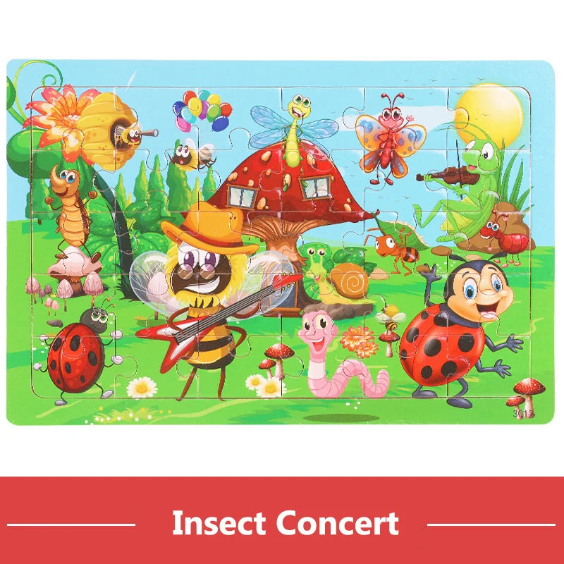 Houten Puzzel 30 Stuks – Dieren & Verkeer Cartoon (3-6 jaar)