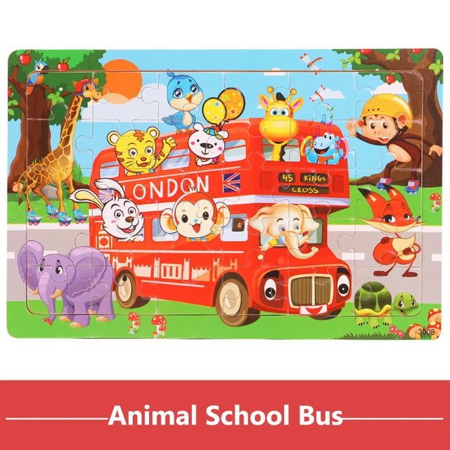 Houten Puzzel 30 Stuks – Dieren & Verkeer Cartoon (3-6 jaar)