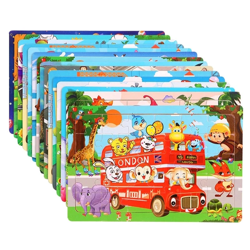 Houten Puzzel 30 Stuks – Dieren & Verkeer Cartoon (3-6 jaar)