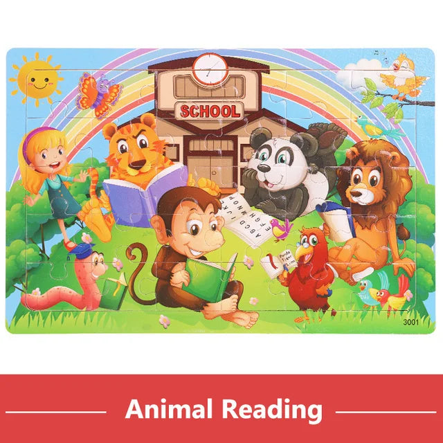 Houten Puzzel 30 Stuks – Dieren & Verkeer Cartoon (3-6 jaar)