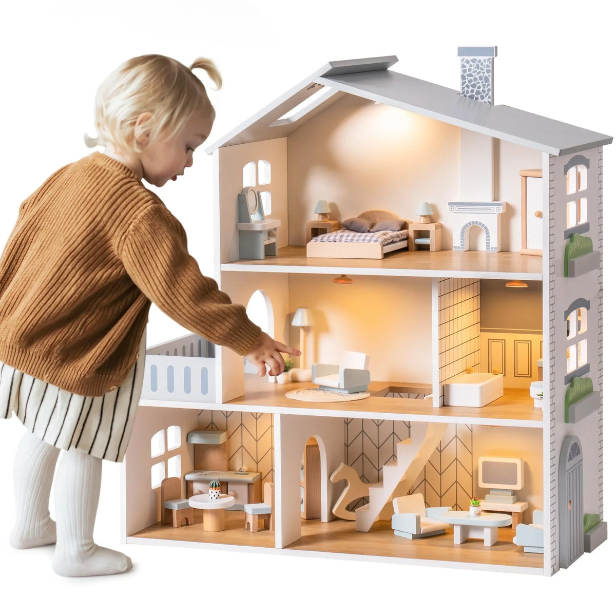 Robotime Houten Poppenhuis – 6 Kamers DIY Speelhuis voor Kinderen