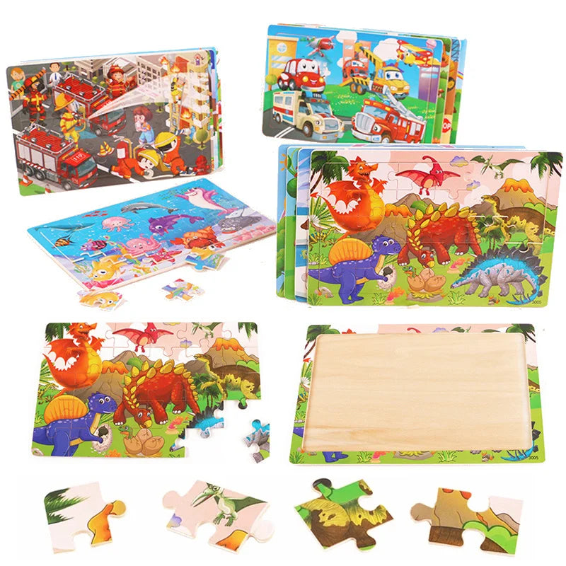 Houten Puzzel 30 Stuks – Dieren & Verkeer Cartoon (3-6 jaar)