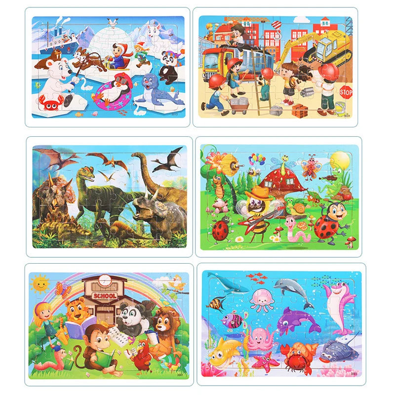 Houten Puzzel 30 Stuks – Dieren & Verkeer Cartoon (3-6 jaar)