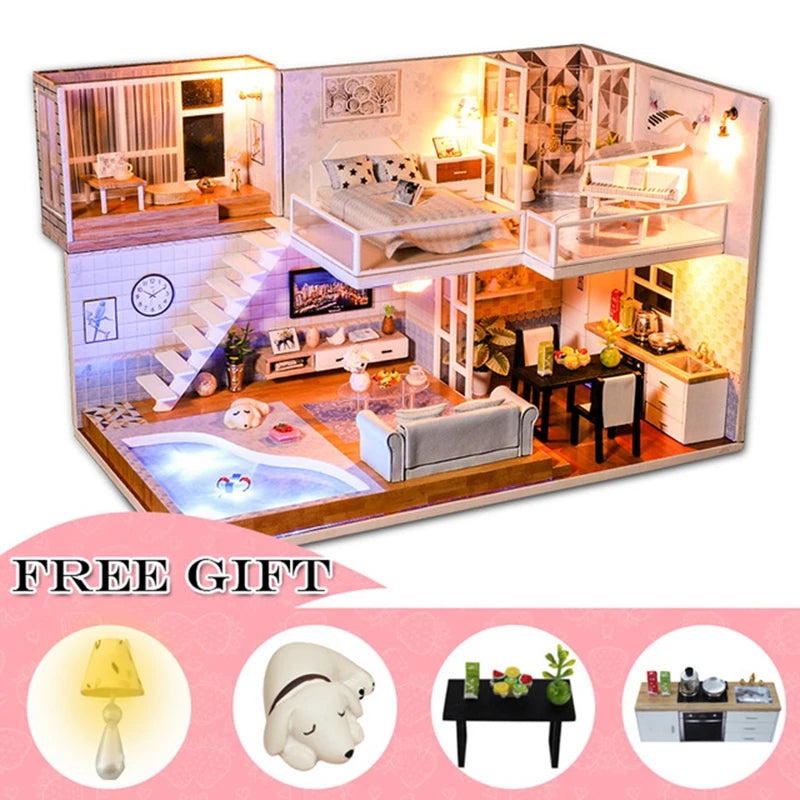 Miniatuur Poppenhuis met Meubels – DIY Houten Kerstcadeau Set