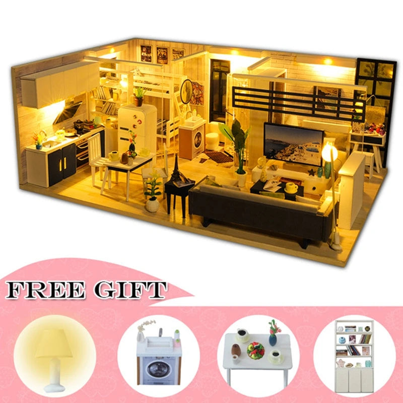 Miniatuur Poppenhuis met Meubels – DIY Houten Kerstcadeau Set