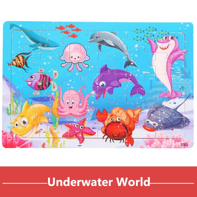 Houten Puzzel 30 Stuks – Dieren & Verkeer Cartoon (3-6 jaar)